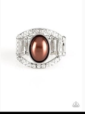 Radiating Riches Paparazzi Brown Pearl Silver-Tone Crystal Frame Ring